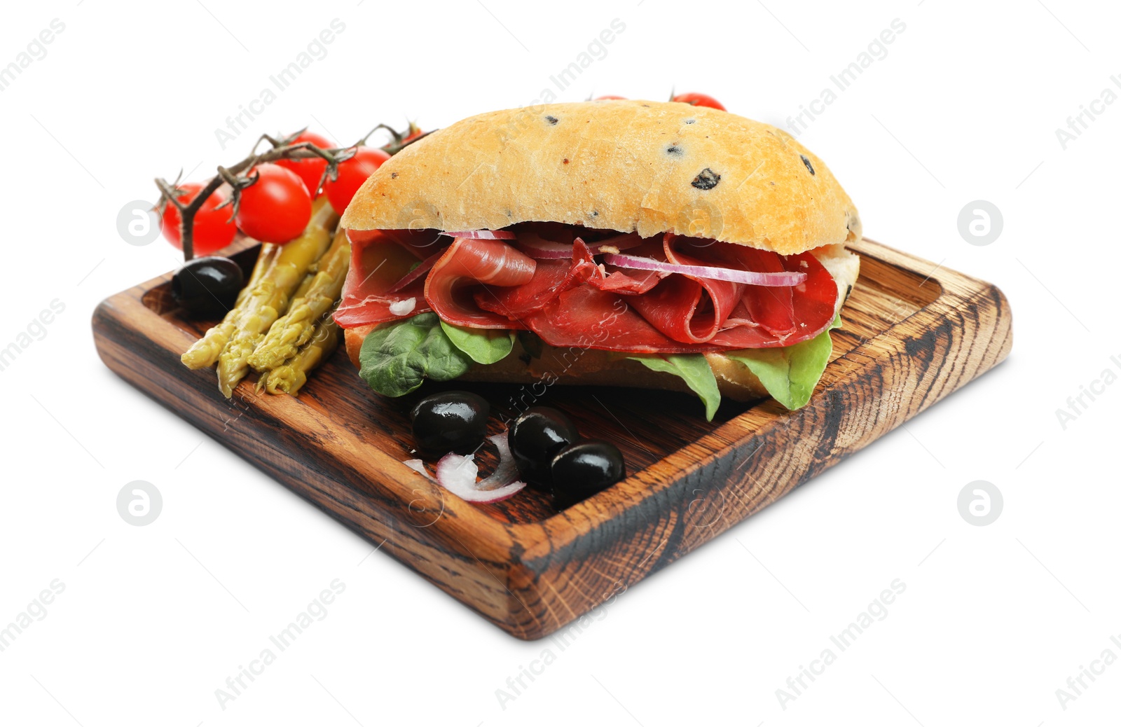 Photo of Delicious sandwich with bresaola, onion and other products isolated on white