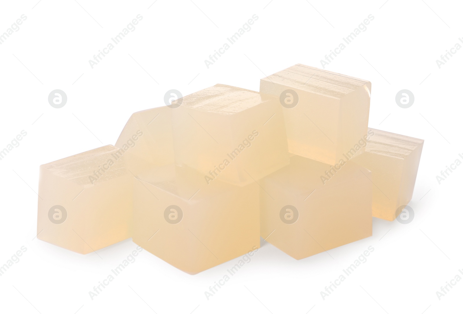 Photo of Many agar-agar jelly cubes on white background