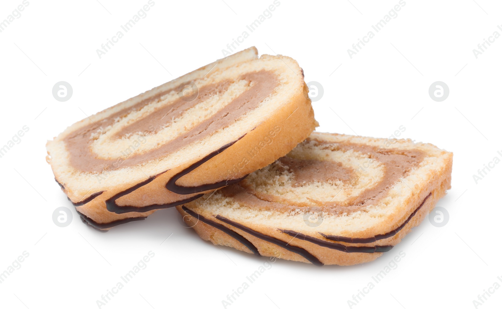 Photo of Slices of tasty cake roll with cream on white background