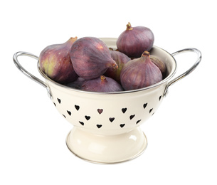 Photo of Whole tasty fresh figs in colander on white background