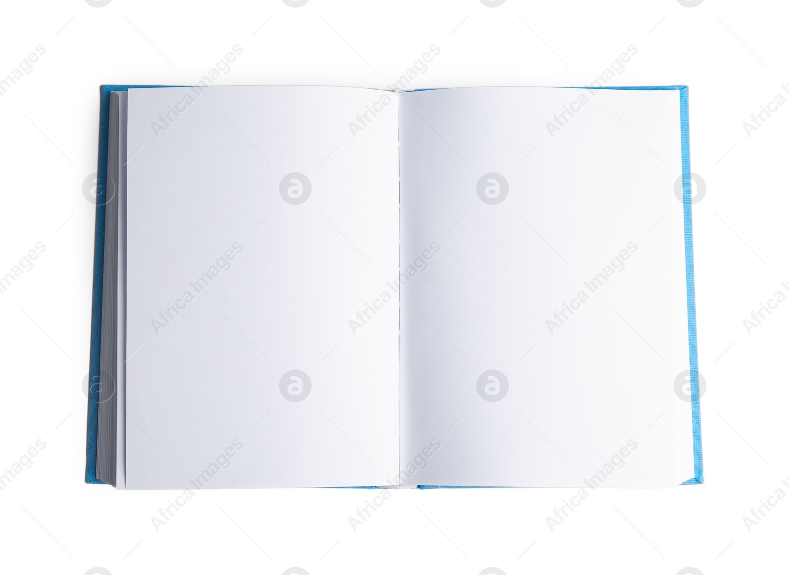 Photo of Open hardcover book with blank pages on white background, top view