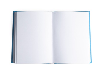 Photo of Open hardcover book with blank pages on white background, top view