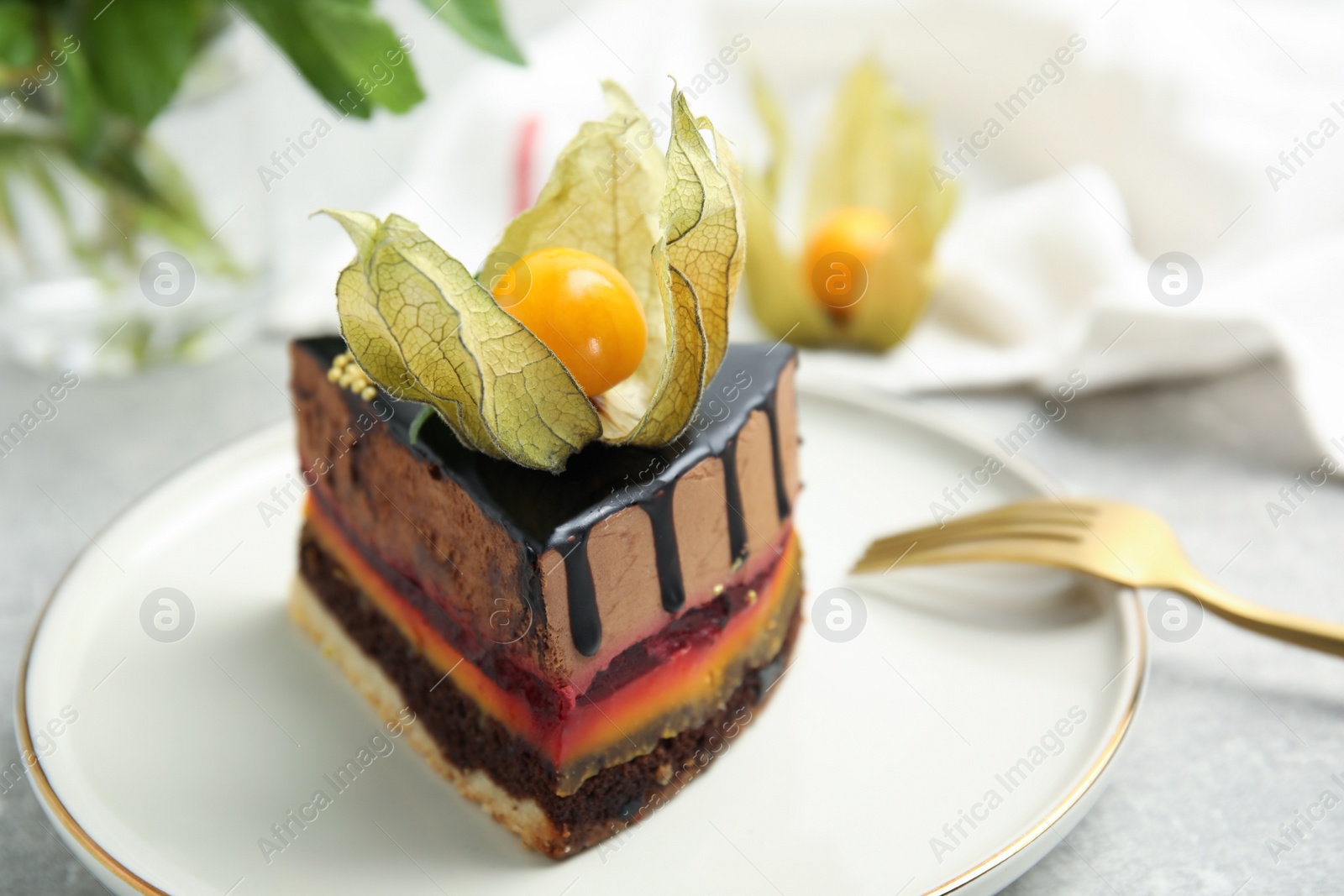 Photo of Piece of tasty cake decorated with physalis fruit on light grey table, closeup