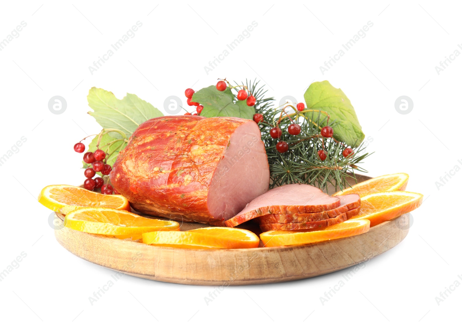 Photo of Delicious ham served for Christmas dinner on white background