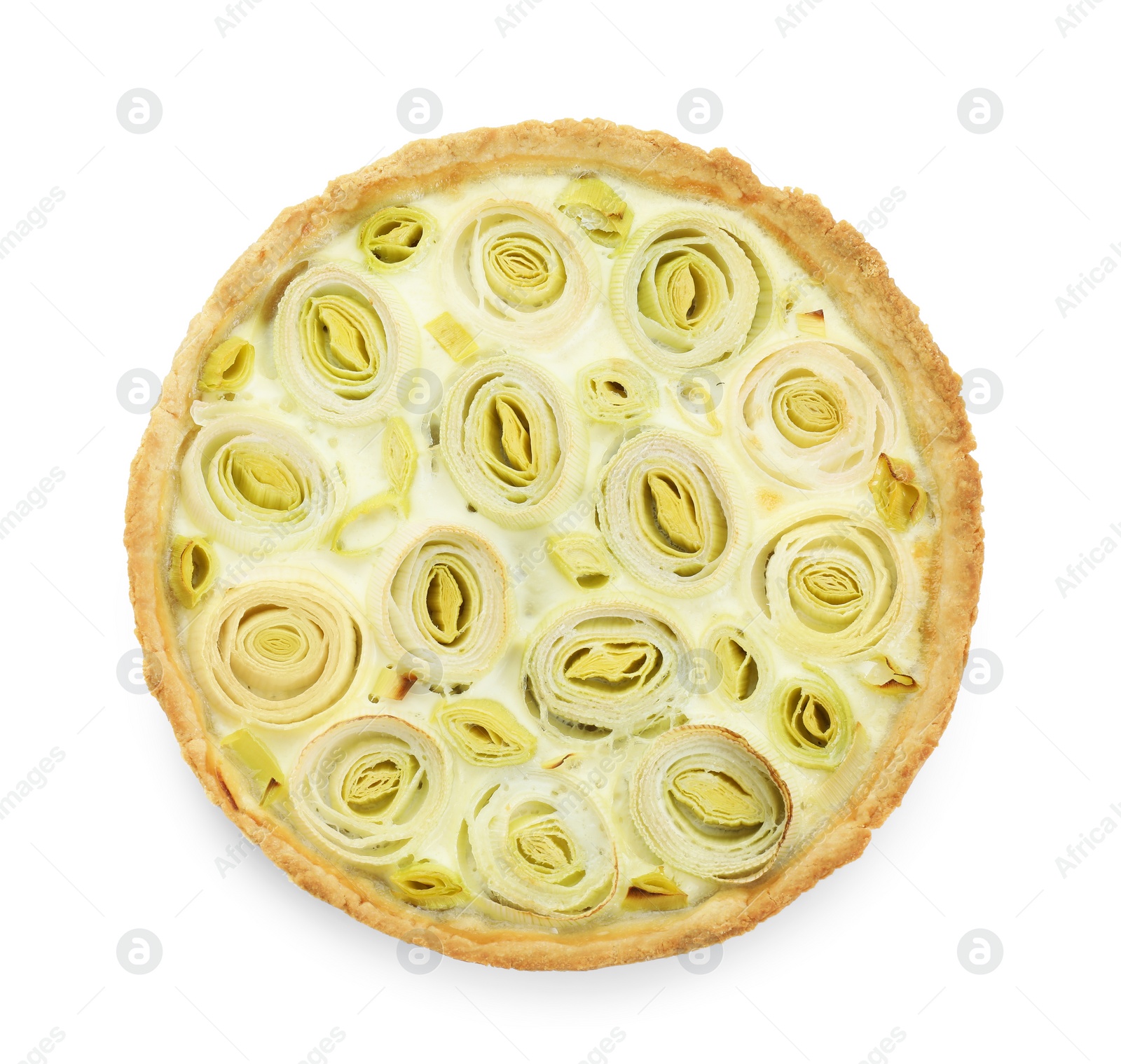 Photo of One tasty leek pie isolated on white, top view