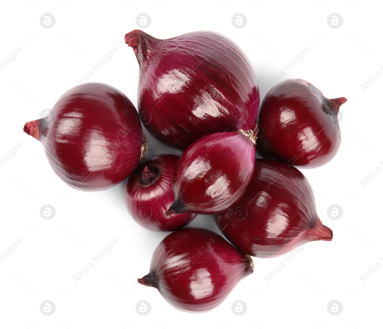 Photo of Fresh whole red onions on white background, top view