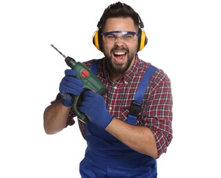 Photo of Young worker in uniform with power drill on white background