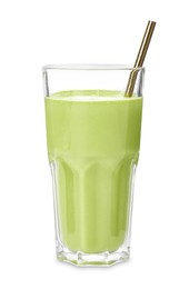 Glass of tasty matcha smoothie isolated on white