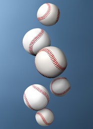 Image of Many baseball balls falling on steel blue gradient background