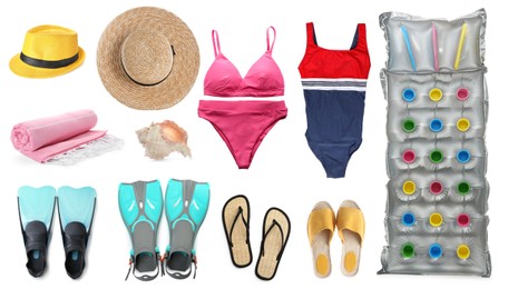 Set with different beach accessories on white background
