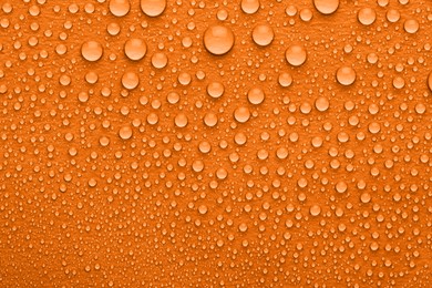 Image of Water drops on orange background, top view