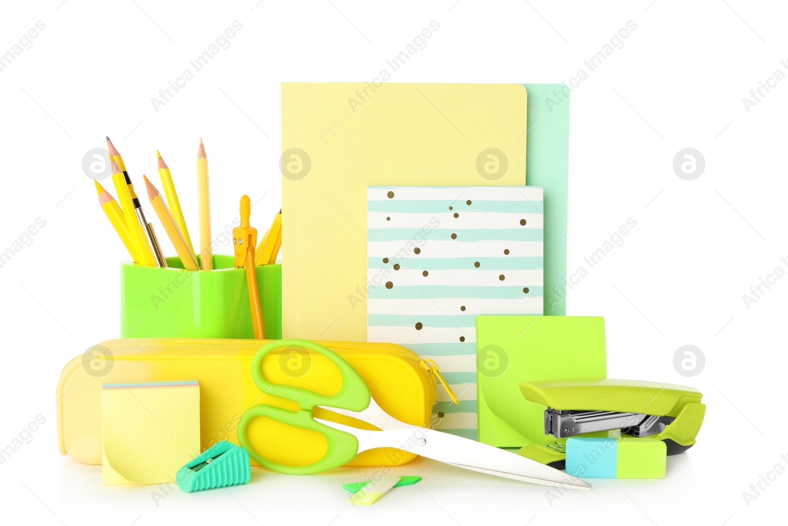 Photo of Set of colorful school stationery on white background