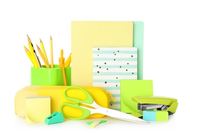 Set of colorful school stationery on white background