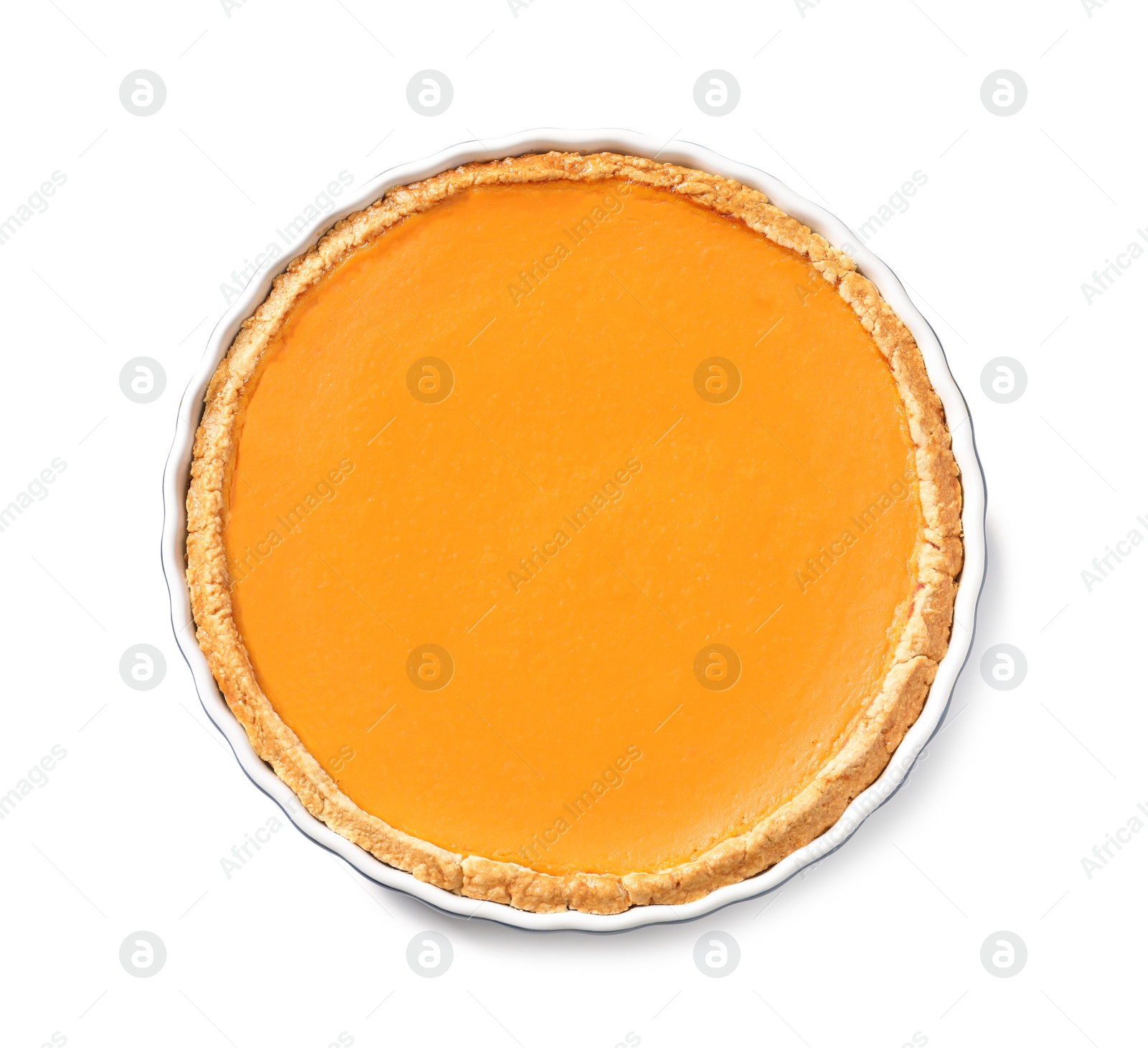 Photo of Fresh delicious homemade pumpkin pie on white background, top view