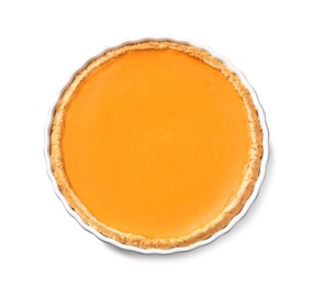 Fresh delicious homemade pumpkin pie on white background, top view