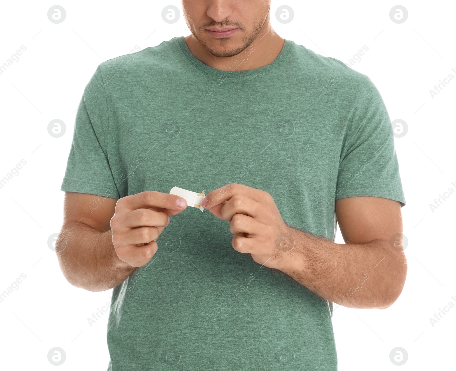 Photo of Man with sticking plaster on white background, closeup