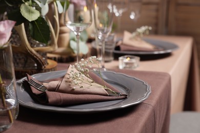 Photo of Elegant table setting with beautiful floral decor