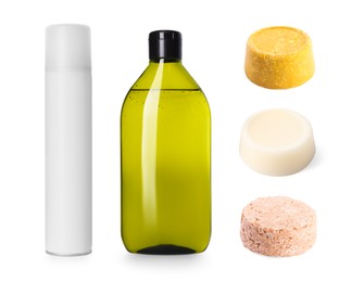 Set with different kinds of shampoo: ordinary, dry and solid on white background