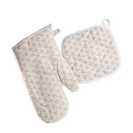 Photo of Oven glove and potholder for hot dishes on white background, top view