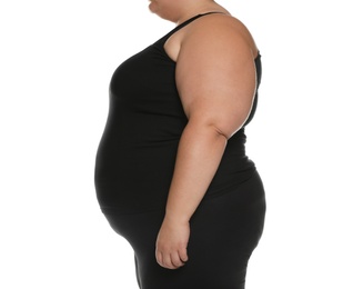 Overweight woman posing on white background, closeup