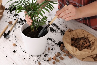 Photo of Woman transplanting houseplant at white table indoors, closeup