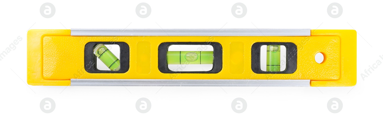 Photo of Yellow building level isolated on white, top view. Construction tool