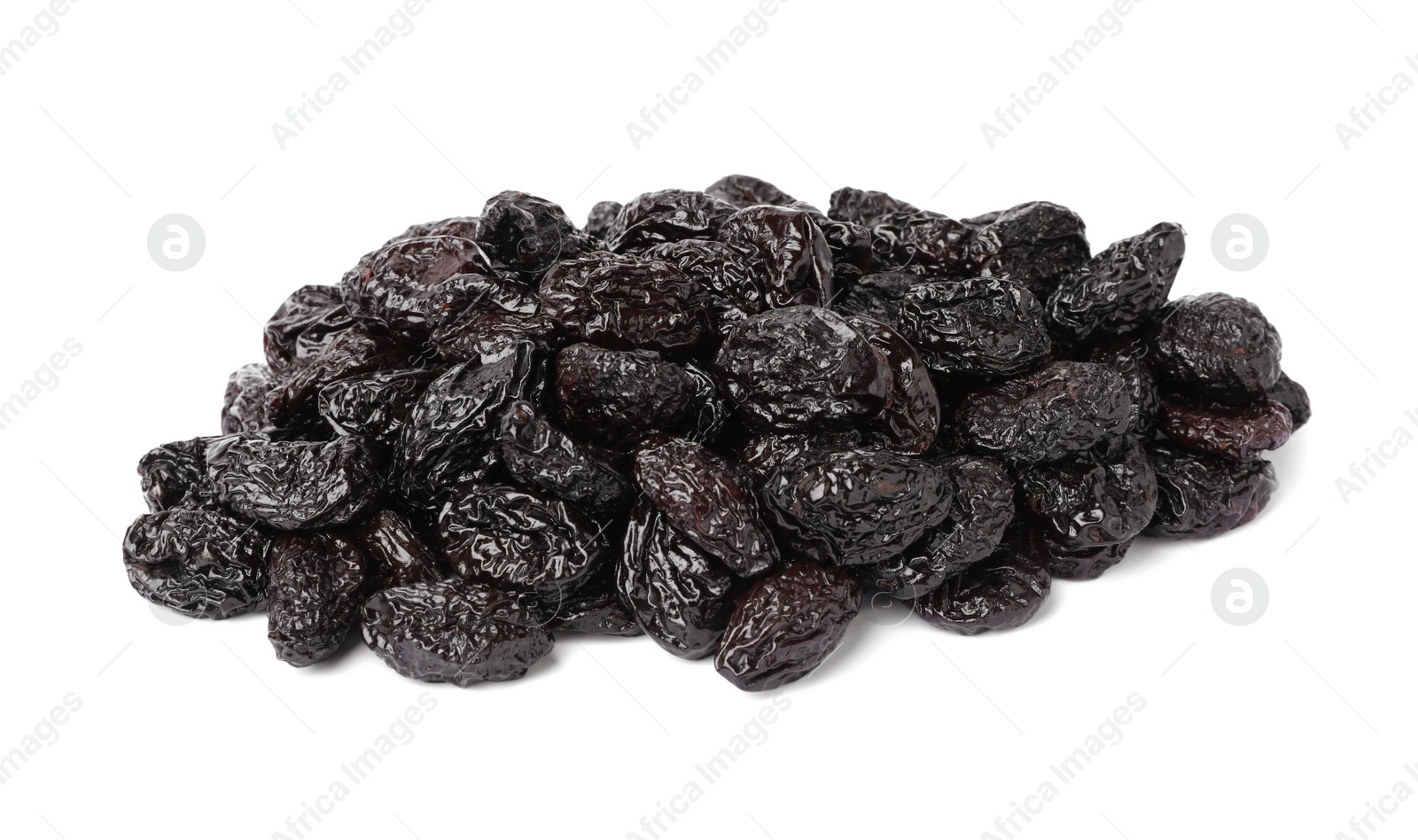 Photo of Pile of sweet dried prunes on white background