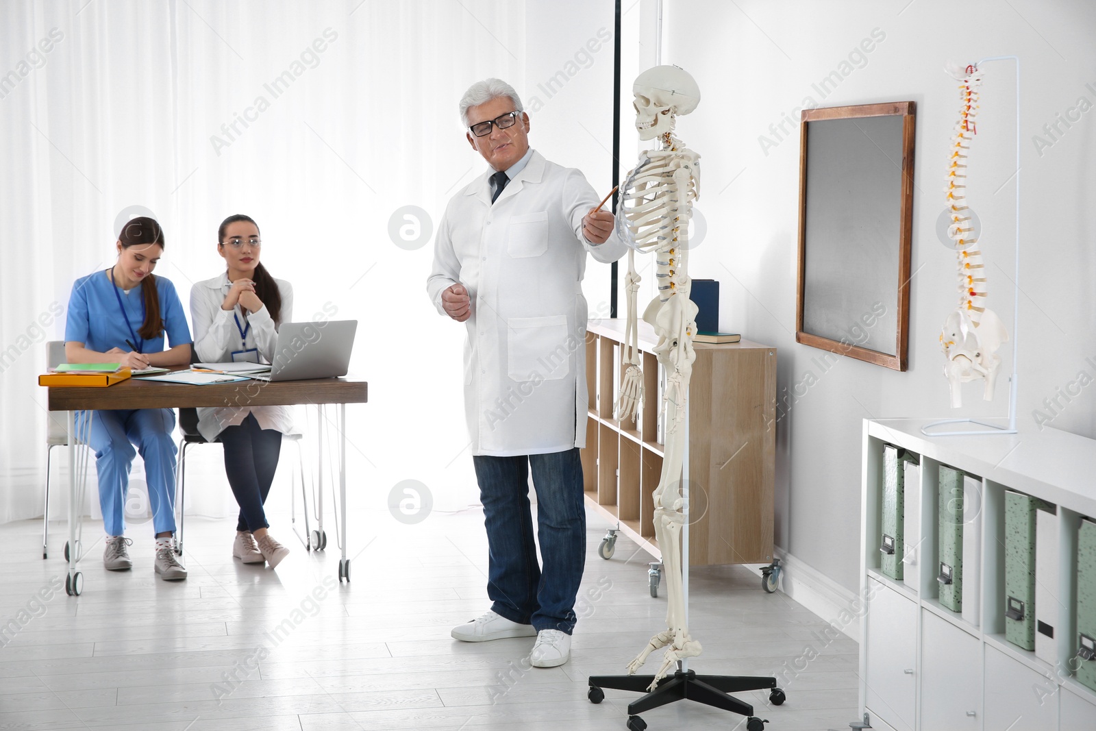 Photo of Medical students and professor studying human skeleton anatomy in classroom