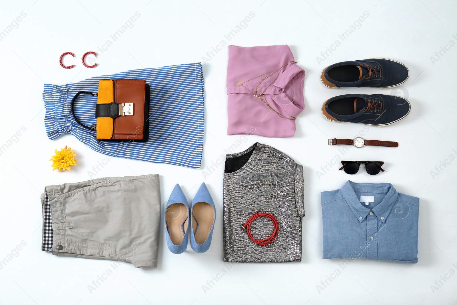 Photo of Flat lay set of stylish clothes and accessories on white background