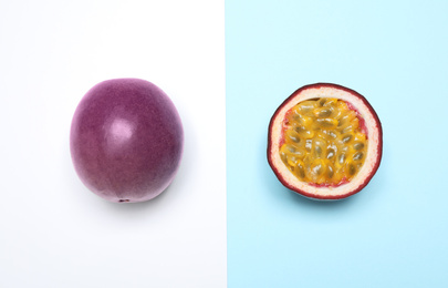 Photo of Fresh ripe passion fruits (maracuyas) on color background, flat lay