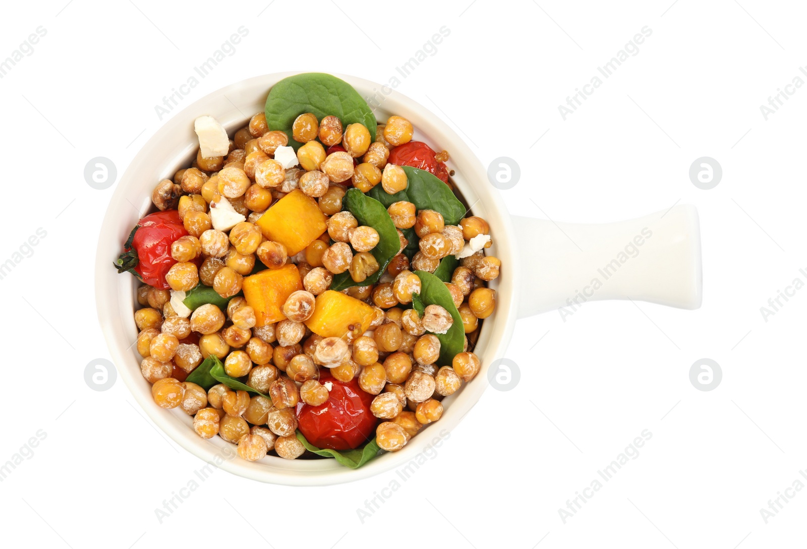 Photo of Dish with delicious fresh chickpea salad isolated on white, top view