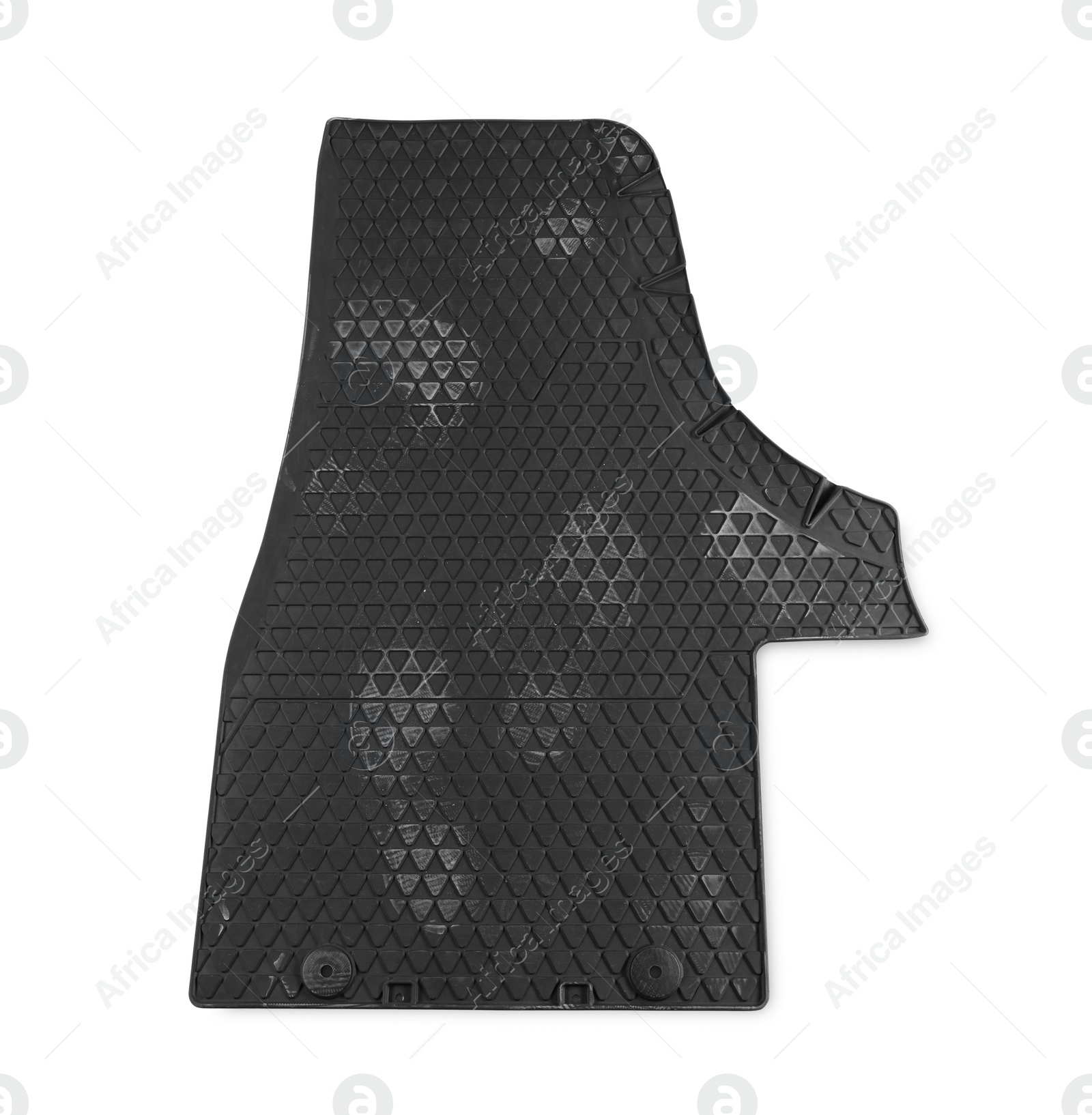 Photo of Black rubber car mat with footprints isolated on white, top view