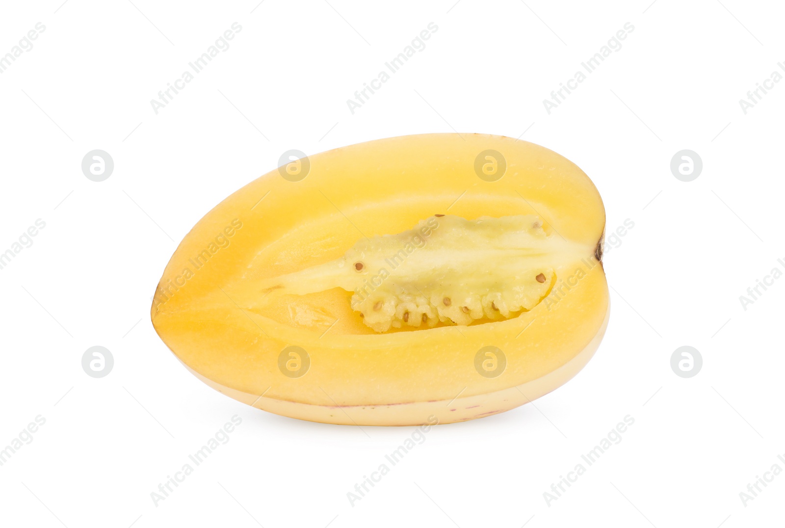 Photo of Half of fresh ripe pepino melon isolated on white