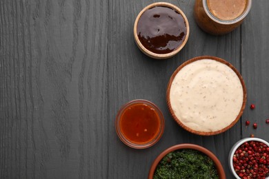 Photo of Different fresh marinades on grey wooden table, flat lay. Space for text