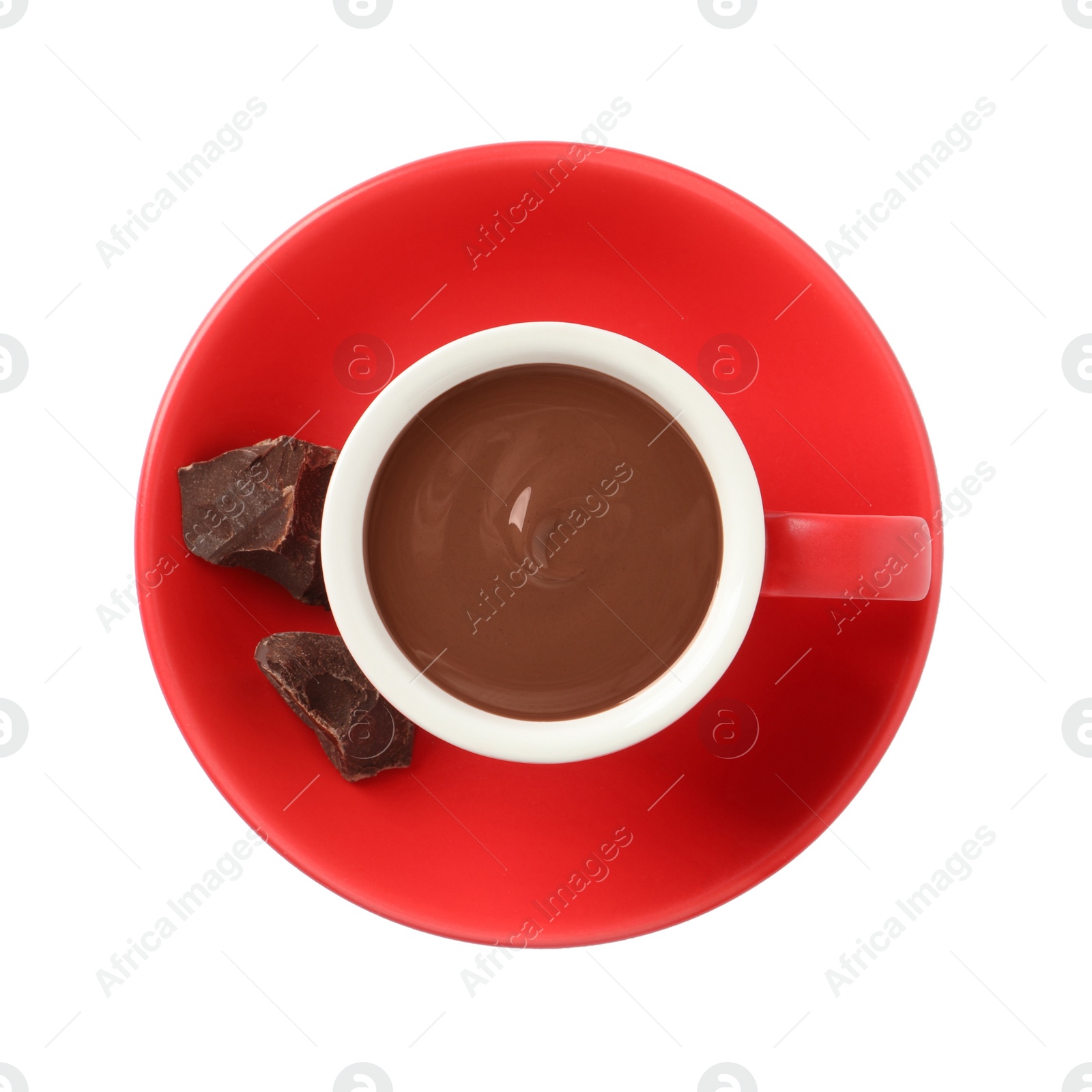 Photo of Yummy hot chocolate in cup isolated on white, top view
