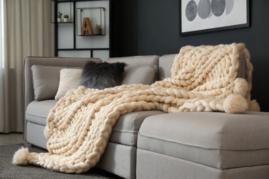 Photo of White knitted plaid on sofa in living room. Interior design