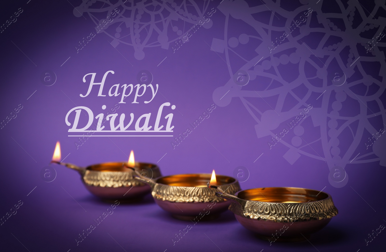 Image of Inscription Happy Diwali and clay lamps on color background