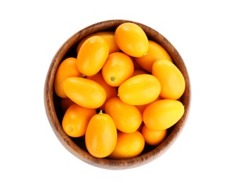 Photo of Fresh ripe kumquats in bowl on white background, top view. Exotic fruit