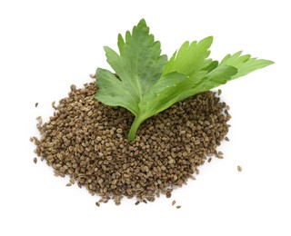 Pile of celery seeds and fresh plant isolated on white, top view