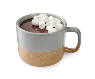 Cup of delicious hot chocolate with marshmallows on white background