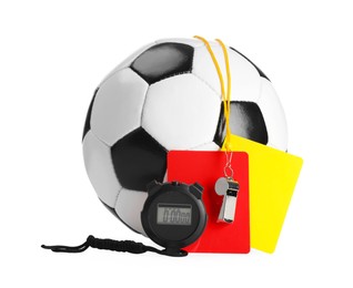 Photo of Referee equipment. Soccer ball, whistle, stopwatch and cards isolated on white