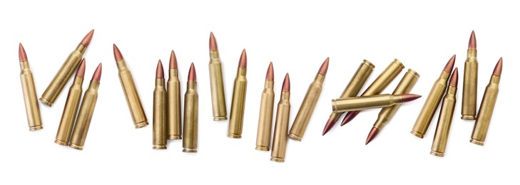 Image of Set of many bullets on white background, top view