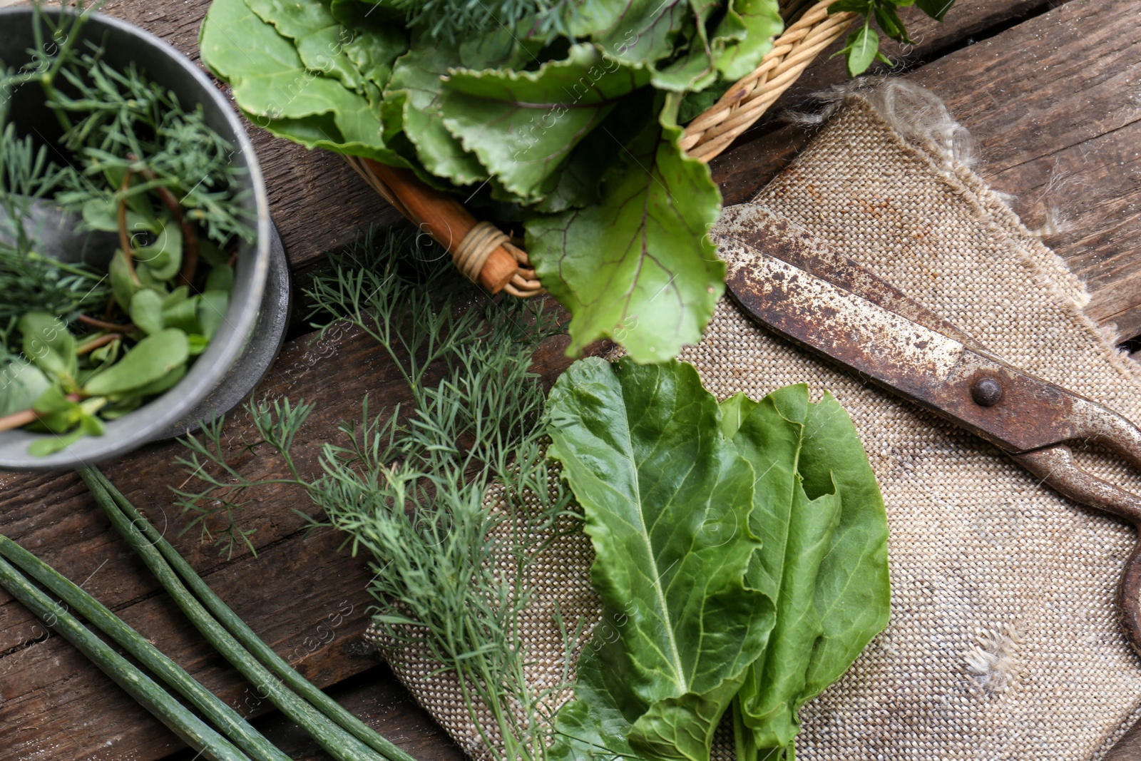 Photo of Flat lay composition with different herbs, rusty scissors and burlap fabric on wooden table