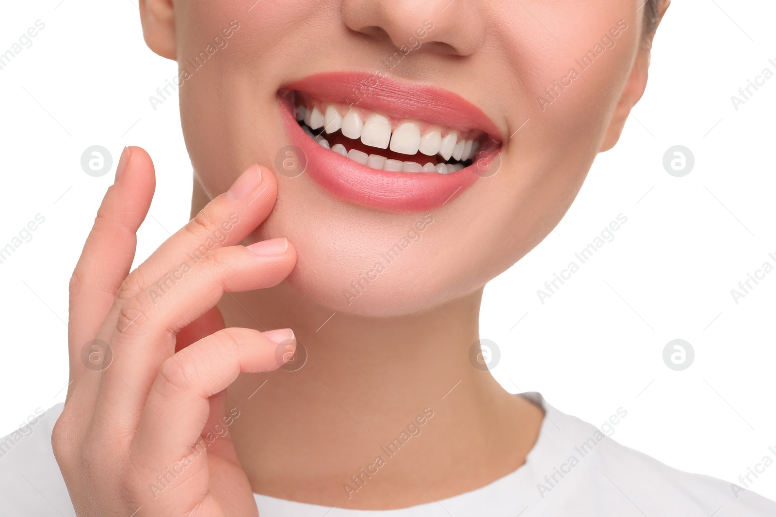 Photo of Woman with clean teeth smiling on white background, closeup