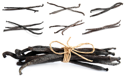 Image of Set with dried vanilla pods on white background