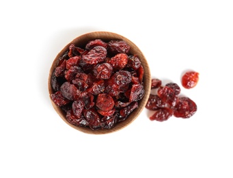 Bowl with cranberries on white background, top view. Dried fruit as healthy snack