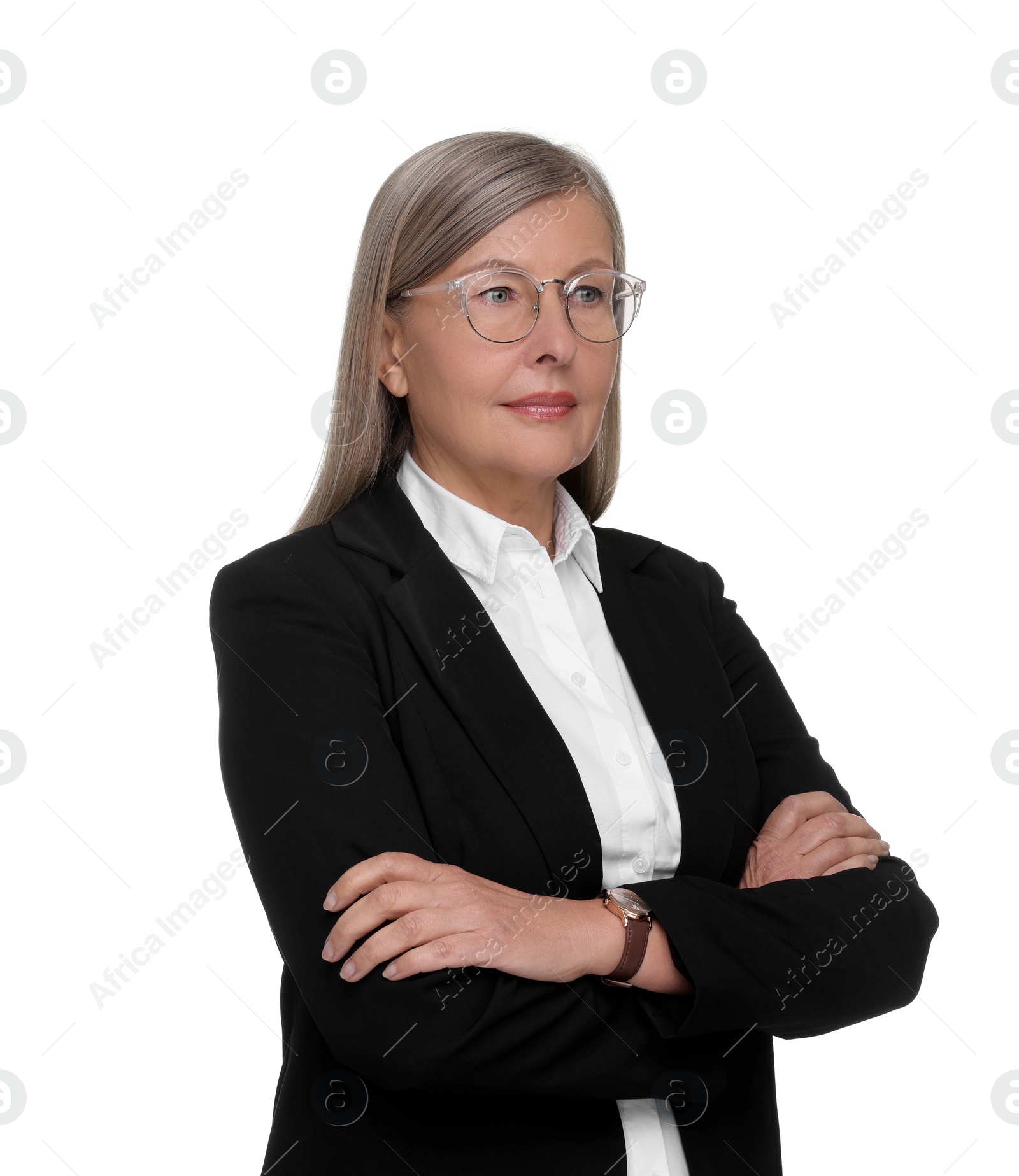 Photo of Portrait of confident woman in glasses with crossed arms on white background. Lawyer, businesswoman, accountant or manager