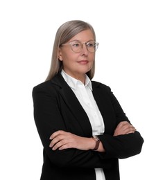 Photo of Portrait of confident woman in glasses with crossed arms on white background. Lawyer, businesswoman, accountant or manager