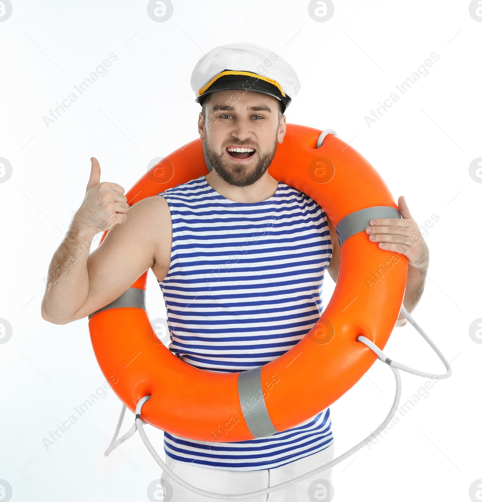 Photo of Happy sailor with ring buoy on white background