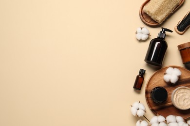 Photo of Bath accessories. Flat lay composition with personal care products on beige background, space for text